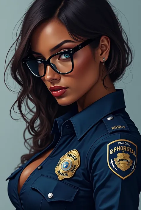 Thick lips sexy Beautiful lady police brown skin with black glasses blue eyes huge breasts close up illustration 