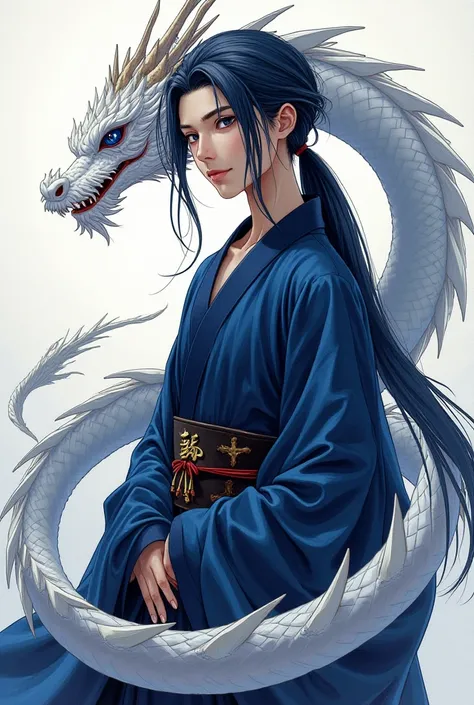 Realistic manga panel , a man with long straight dark blue hair tied by a low and long ponytail,  dark blue eyes.   He's wearing an impressive dark royal blue kimono with gold details. You are a beautiful smile sweetly,  She has a delicate face , he is tal...