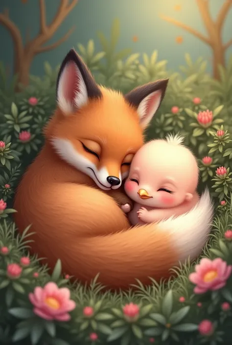 Pink chick and sleeping fox 