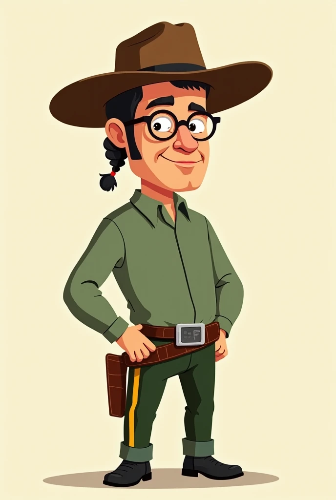 Old West cartoon style drawing of a man ,  brown eyes ,  with very large and wide temples , a little slap , wears glasses, And a pointed nose ,  he is dressed as a sheriff with the long sleeve t-shirt in opaque green ,  a darker green pants and two yellow ...