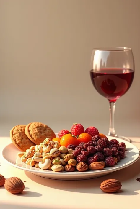 Plate des fruits secs: amandes, pistache, noix de cajou... Et 2 pièces de cookies, à côté d'un verre de vin