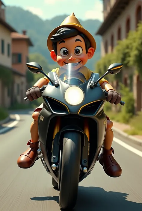 Pinocchio on a sports bike 