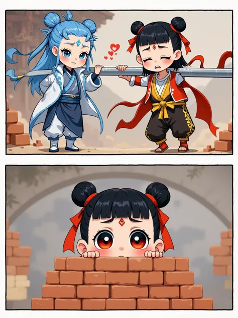 Animation Style, Nacha in classic costumes, Show "Nezha no Demon Boy Naohai" at a construction site, Nacha is dressed in costume, Carrying a steel pipe, has a cinematic look; Nacha and Ao Bing in traditional costumes, heads down, holding a pile of bricks, ...