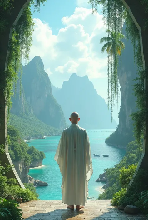 A beautiful man with no hair wearing white in a luxurios castle of glass in the sky watching paradise of rivers and beaches and seas sky reachi'g mountains hanging gardens of palm trees