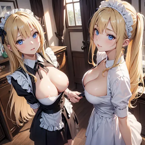 woman、Maid、トップレスのMaid服、18 years old、Cleaning topless 、 blonde long hair、 Katyusha、 blue eyes、 big breasts、Big Breasts