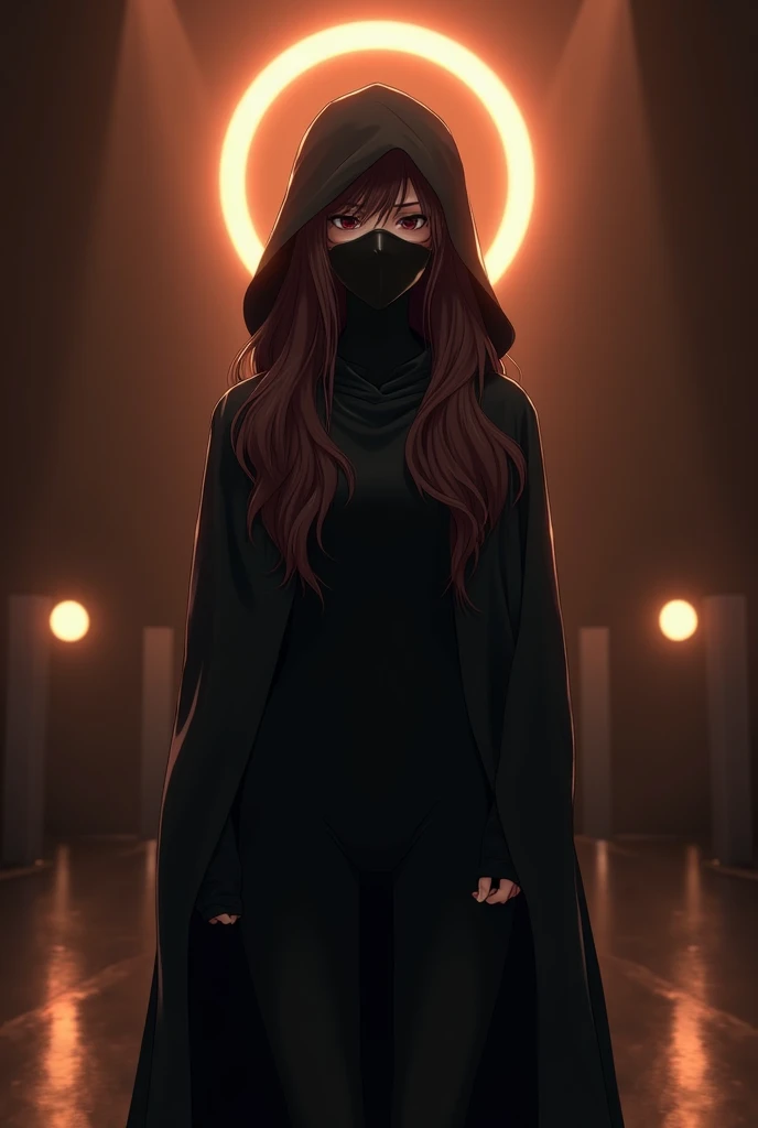 1 anime girl, long brown hair ,black mask without holes full face youth, long black cape with hood that covers the entire body,theater lights in the background , halo led neon brown above the head 