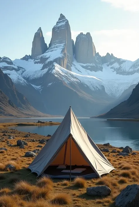 Generate a triangular-shaped tent located outside the Torres del Paine located in Chile.  without people