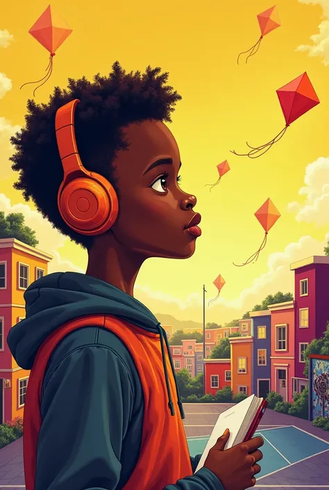  Generate a book cover from this information :
 The cover features a young black adolescent wearing headphones ,  looking at the horizon with a reflective expression . He holds a notebook and a pencil ,  symbolizing his artistic and self-discovery journey ...