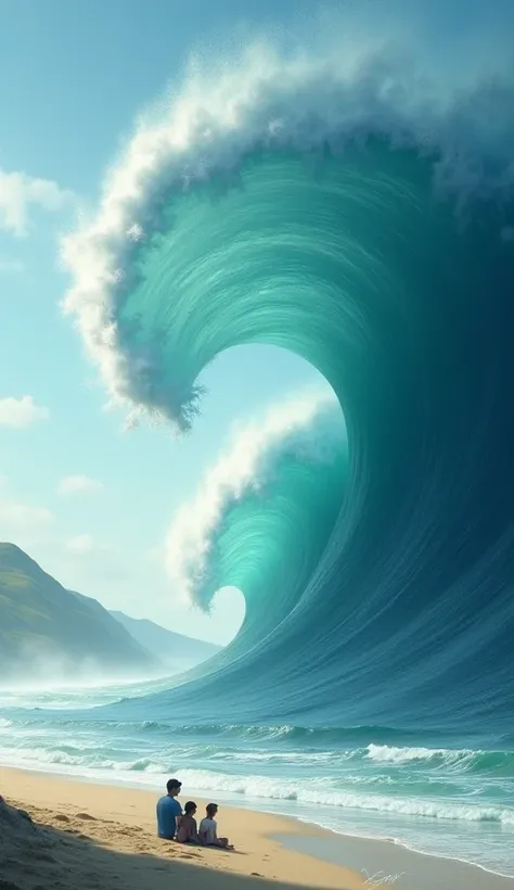 A gigantic wave on a beach with people seated and a hill behind 