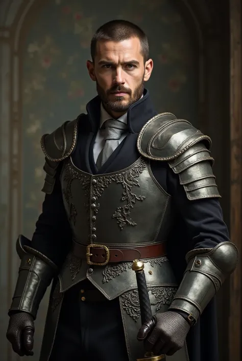  Handsome young man  , tall and strong with a short beard , dressed in armor,  dressed in a Victorian-style suit with gray tie underneath, wielding a steel sword with his partner, a handsome man , tall and strong with short hair and a short beard wearing a...