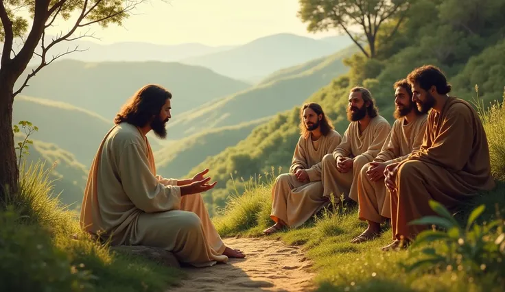 A serene image of a man dressed in biblical attire, sitting on a hillside with a small group, teaching them with love and wisdom. This represents Jesus teaching about prayer. —ar 16:9