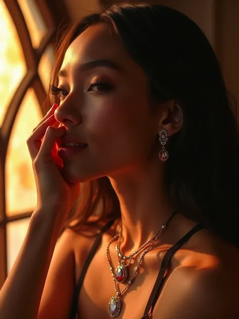 Warm, dramatic close-up scene of a vitiligo young woman romantically touching her face while wearing a contemporary gemstone jewelry necklace and earrings. With a modern gothic glass arch window background