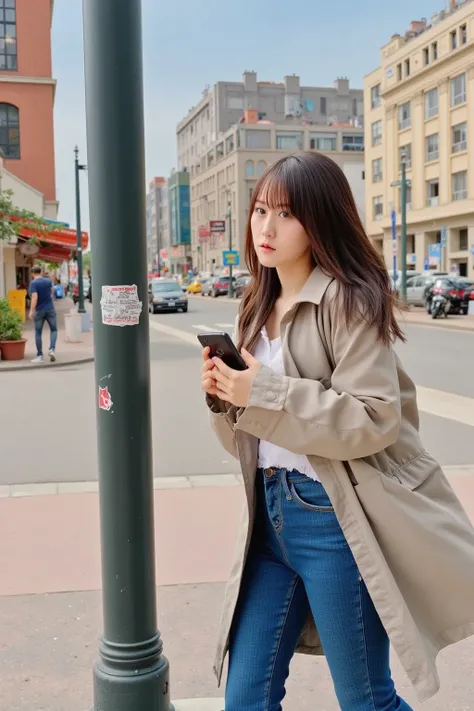 "A woman walking while looking at her smartphone, accidentally bumping into a signpost. She is in her late 20s, with medium-length brown hair, wearing casual clothes like a jacket, jeans, and sneakers. The background shows a city street with a clear blue s...