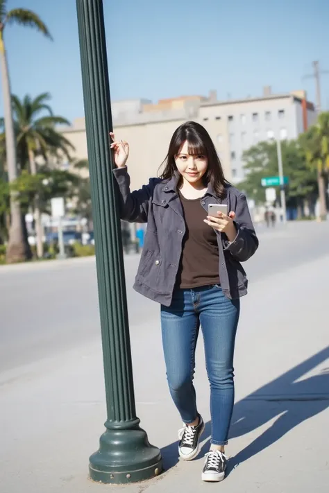 "A woman walking while looking at her smartphone, accidentally bumping into a signpost. She is in her late 20s, with medium-length brown hair, wearing casual clothes like a jacket, jeans, and sneakers. The background shows a city street with a clear blue s...