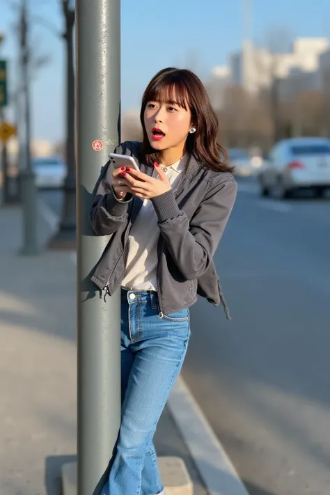 "A woman walking while looking at her smartphone, accidentally bumping into a signpost. She is in her late 20s, with medium-length brown hair, wearing casual clothes like a jacket, jeans, and sneakers. The background shows a city street with a clear blue s...