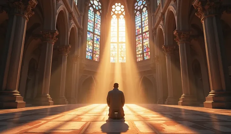 A majestic cathedral interior with sunlight streaming through stained glass windows, illuminating a kneeling man in deep prayer, acknowledging God’s greatness. —ar 16:9