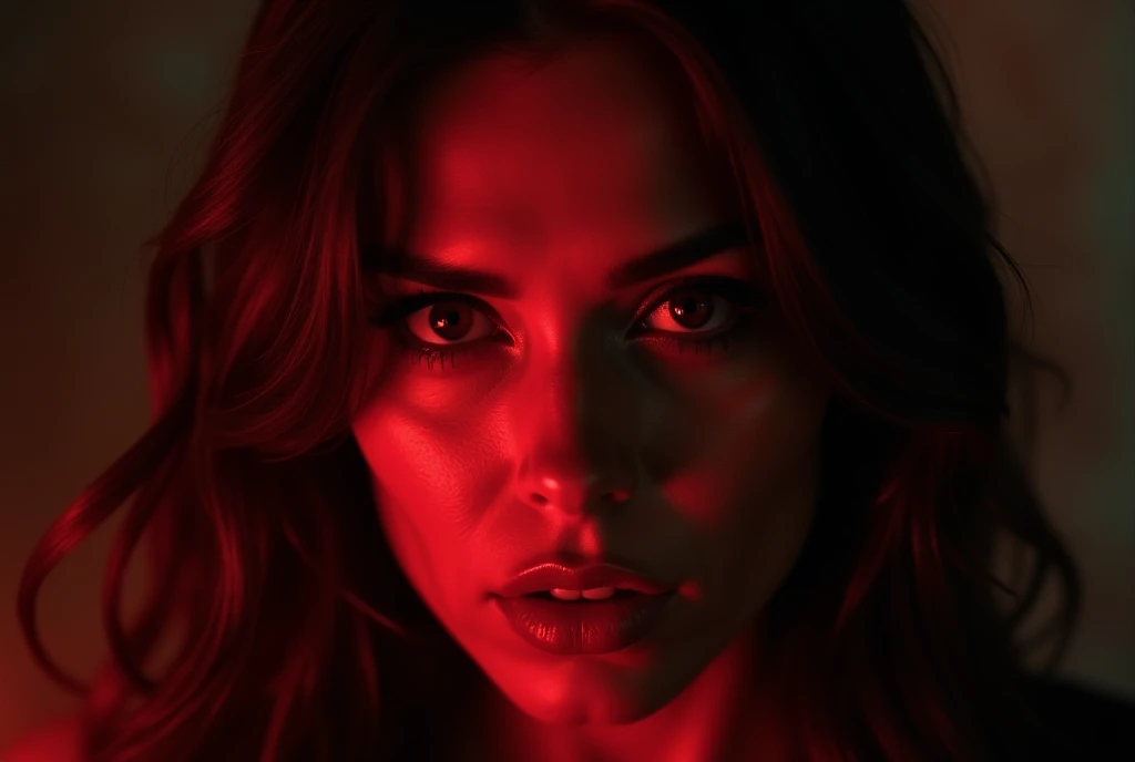 red lighting that accentuates their piercing gaze. Her pupils seem to gleam with calculated intent, as if sizing up her next victim. The background is a blurred haze of darkness, emphasizing the sinister atmosphere. She raises an eyebrow, her expression a ...