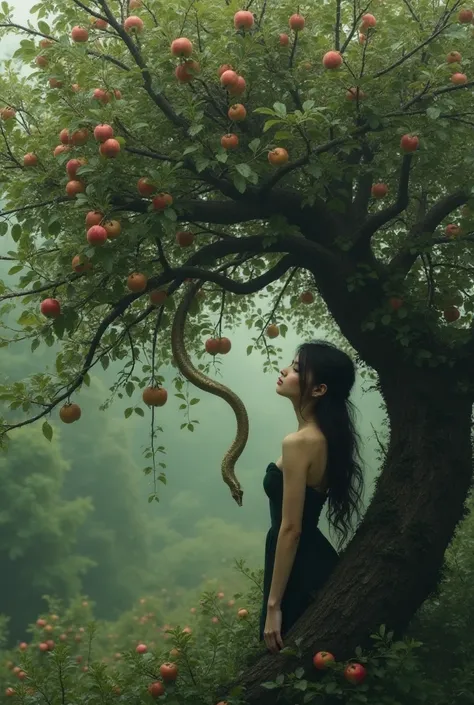 A faceless beautiful women who loves a man in an apple tree with a snake in it