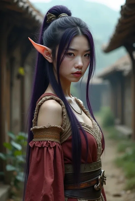 Upper body shot, Japanese woman, pointy elf ears, white skin, dark purple hair, closed mouth, rustic medieval peasant outfit, dynamic pose, complex fantasy character, NSFW, cinematic lighting, fantasy, magic, detailed background, in a small rustic medieval...