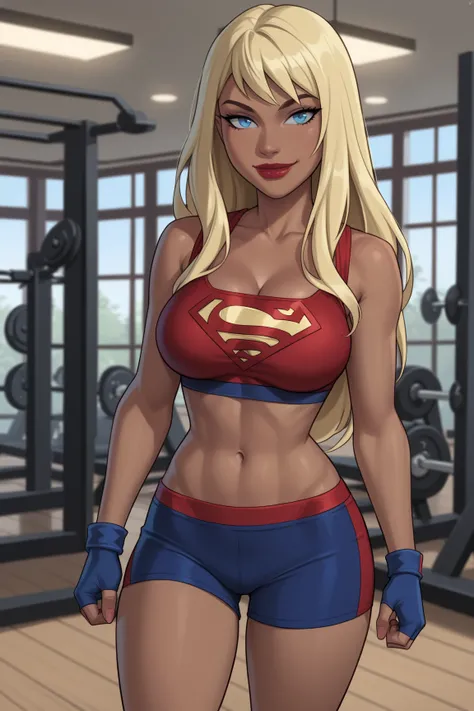 PonyXLV6_Scores BREAK ((parody), perfect anatomy, perfect eyes, cowboy shot) BREAK kara zor-el, long hair, blonde hair, blue eyes, dark-skinned female, lipstick, red lips,  ((looking at viewer)), superhero, periwinkle racerback bra, periwinkle workout shor...