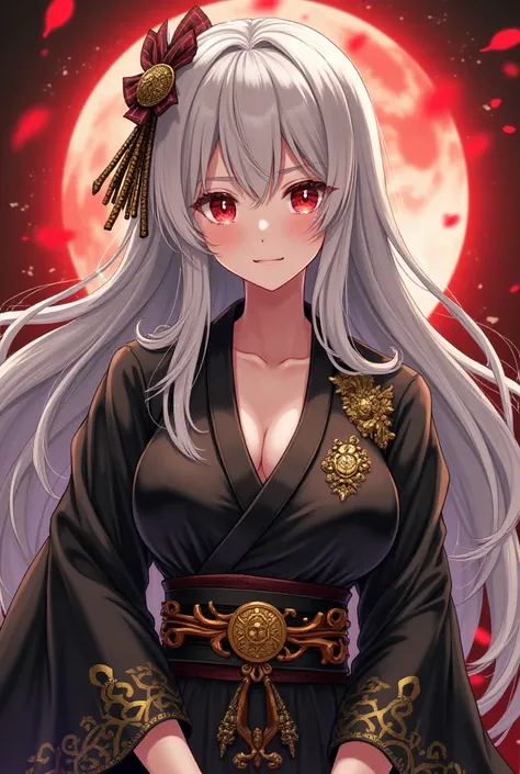 Hypnotist, wears a black and gold tinted samurai clothes, silver lush long hair, red eyes,anime woman, medium height with perky breasts, beautiful athletic figure with feminine body, cute face, Japanese, 