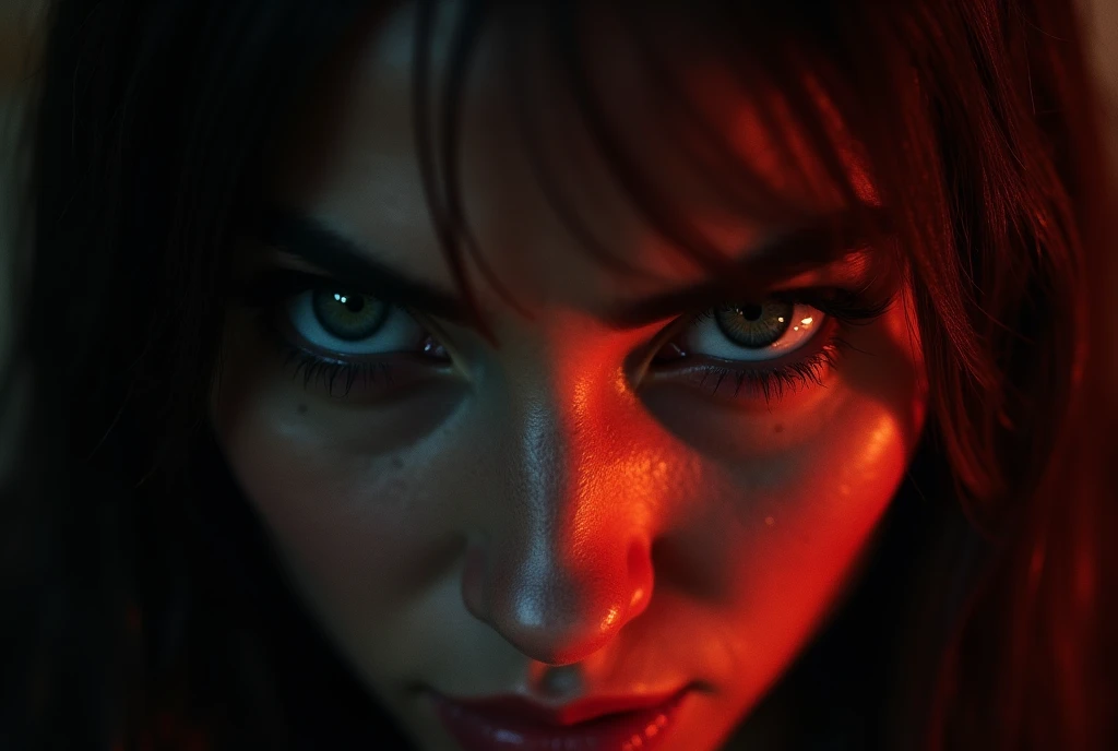 A close-up shot of a captivating woman's eyes, gleaming with insidious intent as she plots her next move. Her gaze is piercing, hypnotic, and cold-blooded, radiating a sense of calculation and manipulation. The lighting is dim, with hints of red or orange ...