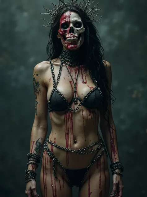 Beautiful Female cosmic entity dressed in a chained bikini bone crown,toppless,half skull half face rotted,barb wire wrapped around her,spilled with red and black fluid,dark makeup,dark surrealism,dark realistic photography, dark occult art,melancholic dar...