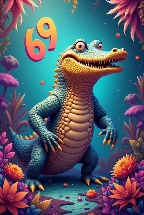 Make a colorful crocodile with colorful landscape with numbers 69