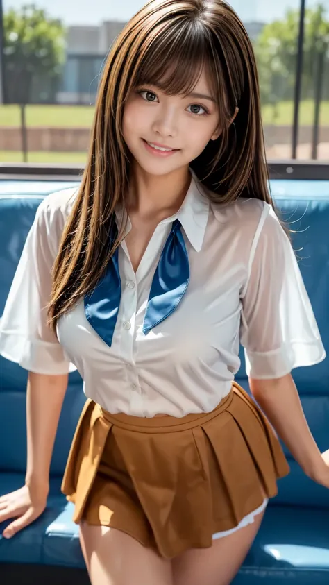 Product quality, in the seat,smile,teeth,( Well-balanced  :1.4),( taken from below:1.4),( Highlight Thighs:1.5), young cute Japanese woman , orbital space, (Blue sky background:1.5),(Beautiful white blouse :1.5),( Super Super Short White Mini Skirt:1.5), b...