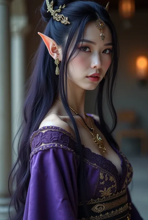 Upper body shot, Japanese woman, pointed elf ears, white skin, dark purple hair, closed mouth, ancient elven noble outfit, elven jewelry, dynamic pose, complex fantasy character, NSFW, cinematic lighting, fantasy, magic, detailed background, in ancient elv...