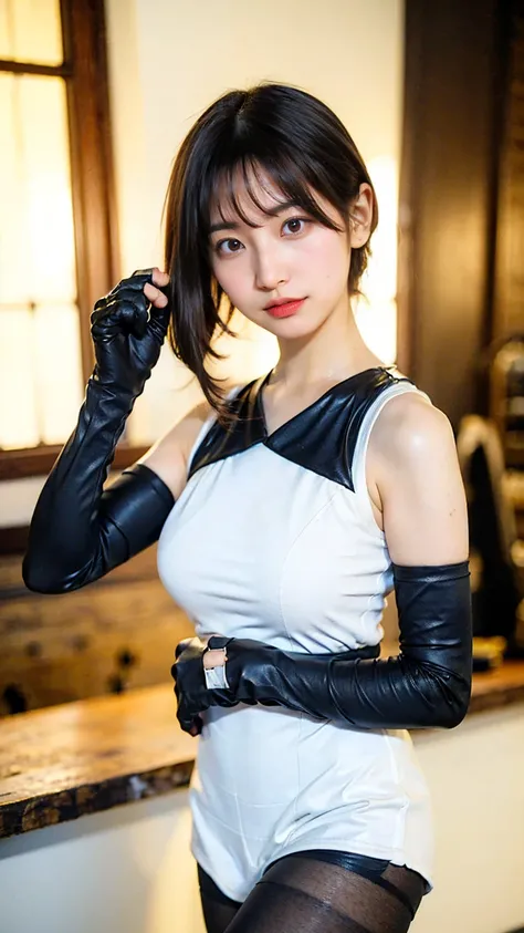 (8k、 RAW Photo、 top quality、 Masterpiece:1.2)、( by Nomi、 by Nomi)、1 person、(( black& white 、  sleeveless、 big breasts、Thin tights、 gloves、 medium hair、 upper body up 、indoor、Focus on the chest、))、 cute