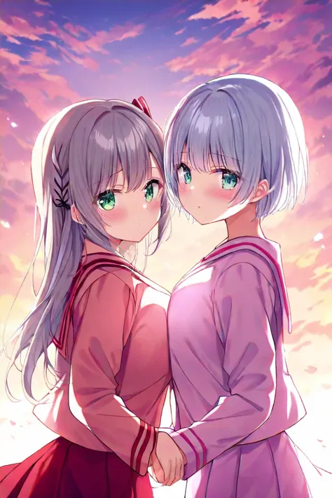  2 girls fighting back、 staring at each other、（ long hair（ Gold、 green eyes、Big Breasts、A pair of hair ribbons left and right））、 blush、（ short hair（Aqua Eyes、 Silver Hair、 small tits））、Passionate、pale pink sailor suit、 red skirt（Black Line） sunset sky、 hol...