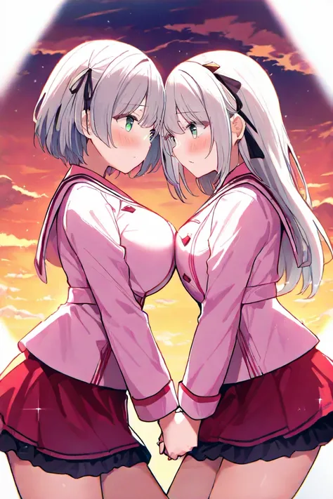  2 girls fighting back、 staring at each other、（ long hair（ Gold、 green eyes、Big Breasts、A pair of hair ribbons left and right））、 blush、（ short hair（Aqua Eyes、 Silver Hair、 small tits））、Passionate、pale pink sailor suit、 red skirt（Black Line） sunset sky、 hol...