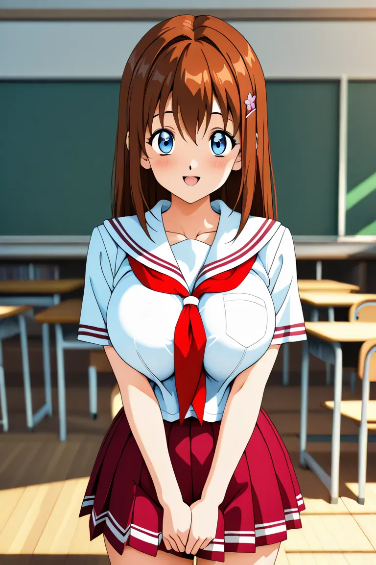  beautiful 3d anime style girl,  with big breasts,  ,  schoolgirl clothes, In a school, showing breasts to the spectator and smiling