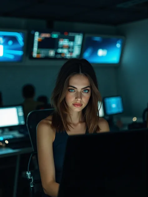 1girl, Solo, brown Hair, blue eyes, sitting in a high secret room, in front of a PC, looking some hacker codes, sexy mini skirt, white skin, wide view of the room, small breast 