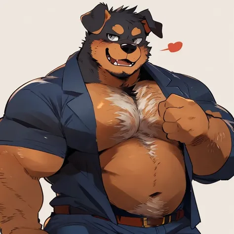 dog, furry, rottweiler, handsome, very muscular, very big, extremely hot and sexy, beard, hair, chest hair, charming eyes, solo, male, happy expression, daddy, full body, big body, clothes, middle aged, by hyaku, by darkgem, by glitter trap boy