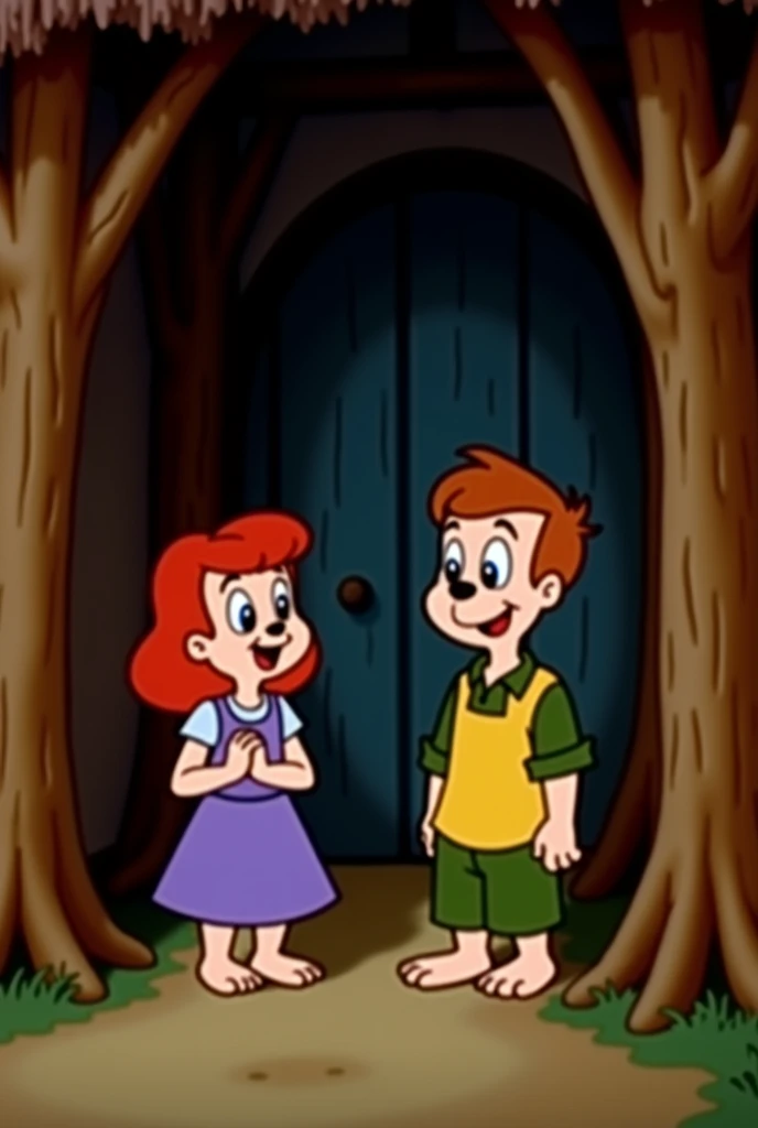 there are two cartoon characters that are standing in a hut, medium shot of two characters, don bluth animation, bad vhs quality, movie screen shot, vhs screencap, animated movie shot, animation film still, animated film still, film still from an cartoon, ...