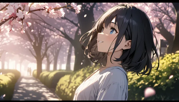 one girl,black hair and bob hair、beautiful blue eyes、smile、gentle smile on her face、flat chest, one Beautiful girl,((masterpiece, illustration, best quality) ((ultra-detailed))\,, it's a sunny day and there are cherry blossoms and she is walking in a rural...