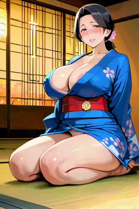 (( top quality)), (( Masterpiece)), (( anatomically correct)),  photos, ( Beautiful Japanese), ((Mature Woman)), seiza, Stand on one leg, blush,  chubby,  black hair,  Ponytail,  cleavage, (The areola is slightly visible), (( I can see both shoulders)), (B...