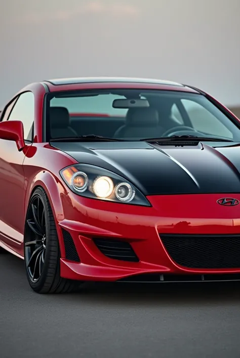 can you generate an image of if the 2006 hyundai tiburon was remade in 2025 including a new design features as well as design trends from 2025 but still being recognizable as a tiburon. give it the scarlet red color and with a black hood