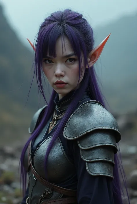 Upper body shot, Japanese woman, pointy elf ears, white skin, dark purple hair, closed mouth, ancient elven metal armor, combat pose, dynamic pose, complex fantasy character, NSFW, cinematic lighting, fantasy, magic, detailed background, on a ravaged battl...