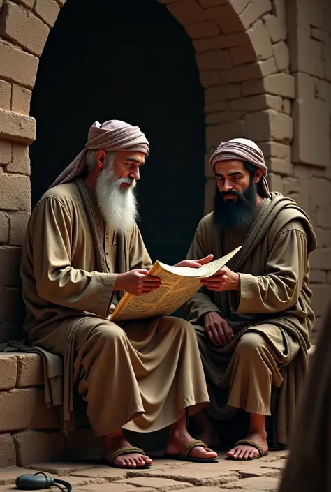 An old Arab man from the Middle Ages reads his paper to a bearded Arab youth inside an old house