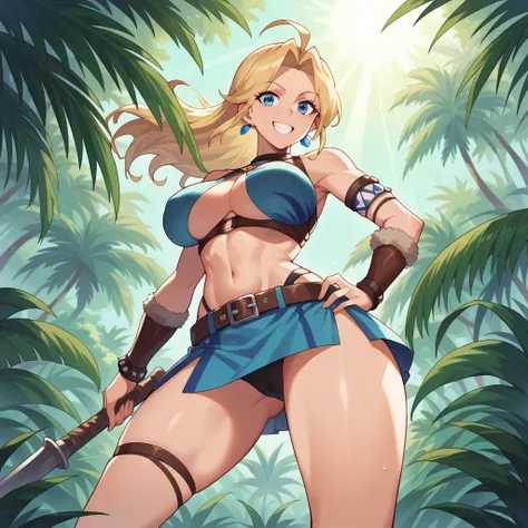 Rebecca bluegarden ( Edens Zero ).  long ash blonde hair and blue eyes .  big breasts happy smile . .  She wears a tribal-inspired outfit made of animal fur and leather ,  similar to a jungle warrior or a native .  The outfit is revealing but tasteful ,  a...