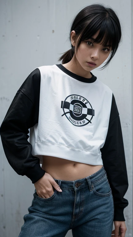   Hi-Res,   boyish,    in the seat,  black hair, Sporty shortcuts,   asymmetrical hairstyle  ,  Asymmetrical bangs,   yellow eyes,  Eyes with three beautifully shaped circles in the middle,  Skater Style Street Fashion, slightly oversized bottoms,  standin...