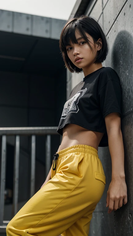   Hi-Res,   boyish,    in the seat,  black hair, Sporty shortcuts,   asymmetrical hairstyle  ,  Asymmetrical bangs,   yellow eyes,  Eyes with three beautifully shaped circles in the middle,  Skater Style Street Fashion, slightly oversized bottoms,  standin...