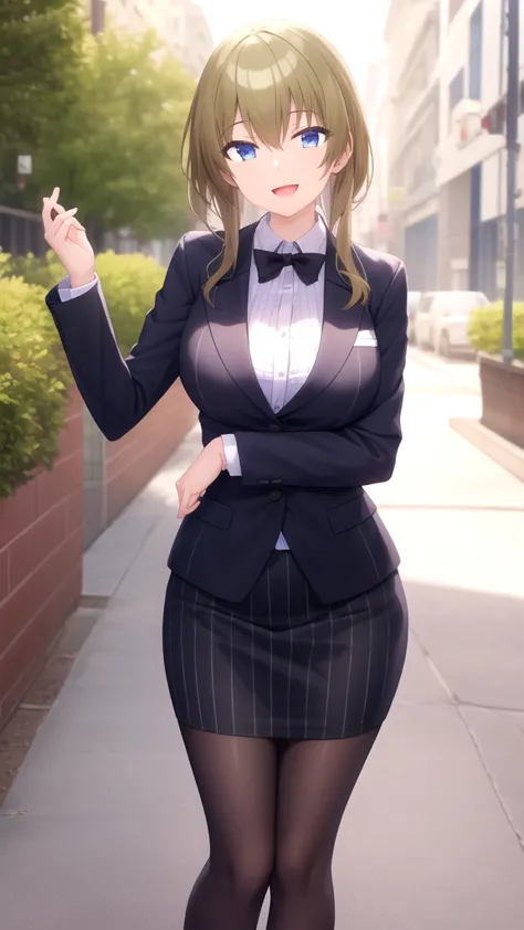 masterpiece, best quality, girl, solo, looking at viewer, mitsuru_abe, large breasts, pinstripe suit, black suit, collared shirt, pinstripe skirt, black pantyhose, standing, smile, open mouth, outdoors 