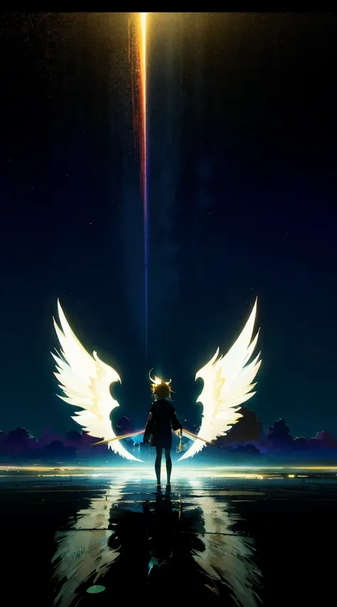 Kagamine Rin, Wings, angel,score_9, score_8_up, score_7_up, source_anime, intensely saturated lighting effects, luminous reflections, HDR-like contrast, vibrant color palette,glowing lights, vibrant reflections, surreal lighting, HDR effect, cinematic vivi...