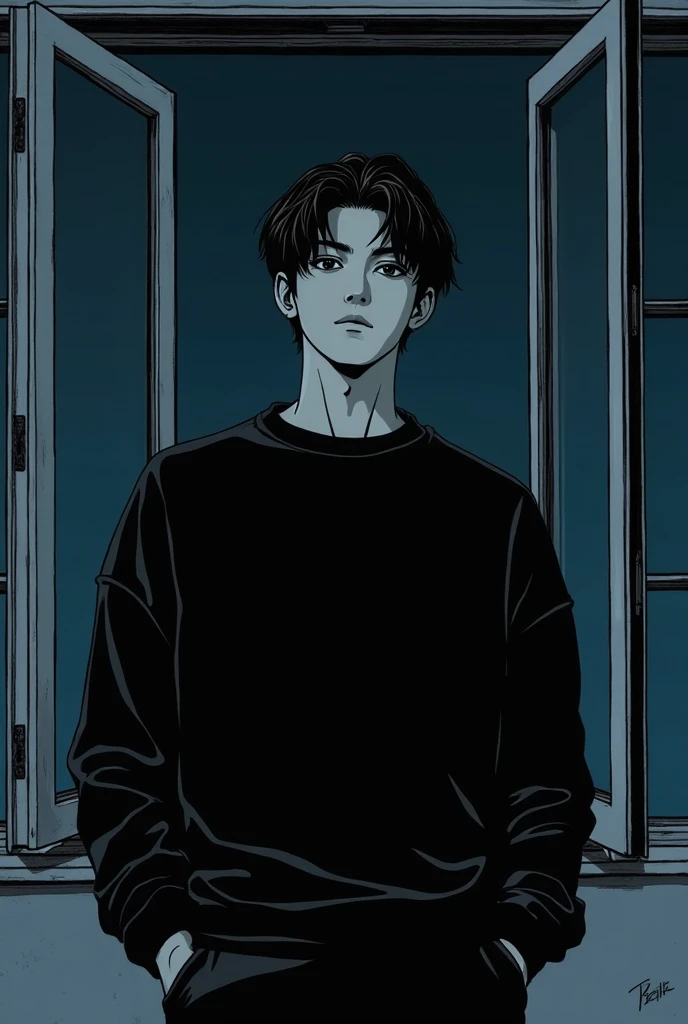  a stylish white-skinned man ,  dark brown and smooth hair,  black eyes,  wearing a black sweatshirt , behind him there is an open window, And being out there at night,  Manga Style 