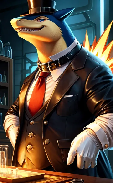 Solo, Male, close up, fat, musclegut, obese, steampunk, 1920s gentleman, dapper Typhlosion, tilting head down, blue eyes, wearing a big leather collar around his neck, (soft shading), 4k, hi res, ((detailed face, detailed)), looking at viewer, evil grin, c...