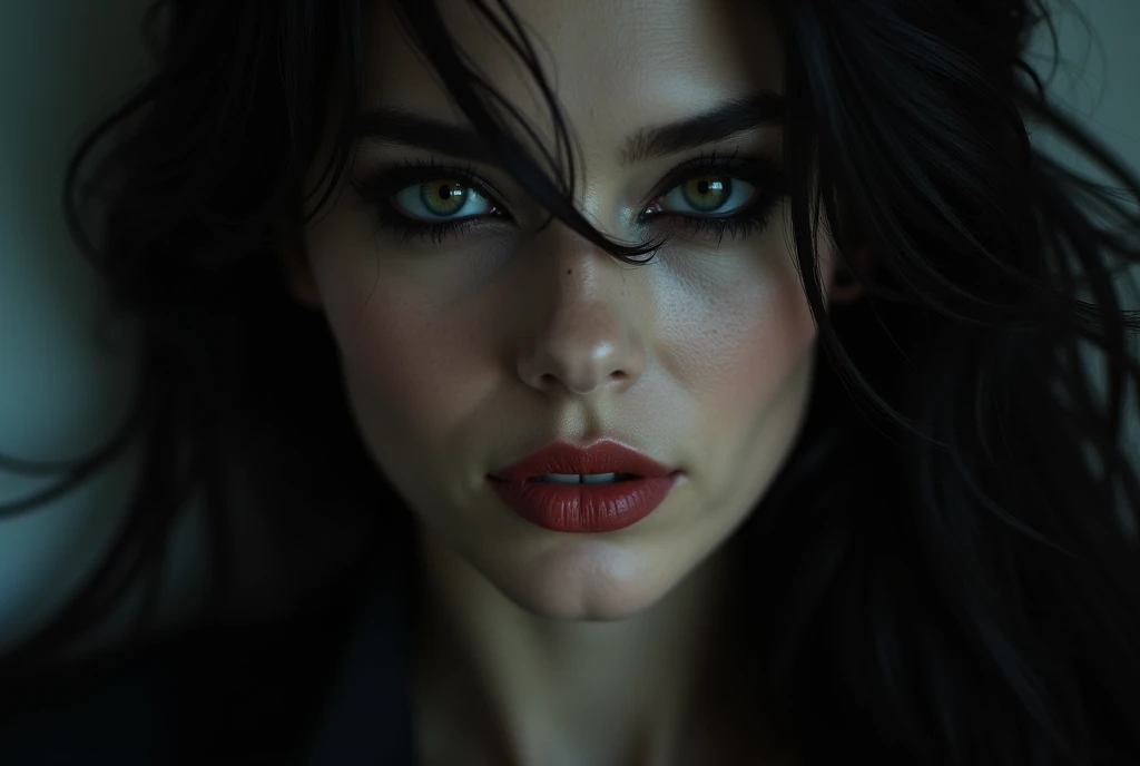 A close-up shot of the mysterious woman's piercing gaze, framed by lush black locks and heavy eyeliner. Her eyes gleam with cunning intent, as if calculating the perfect moment to strike. Soft focus highlights the seductive curve of her smile, while the su...